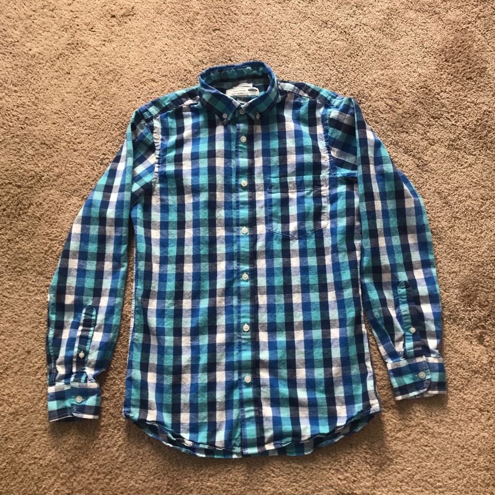 Men’s blue plaid button dress shirt, long sleeve-S